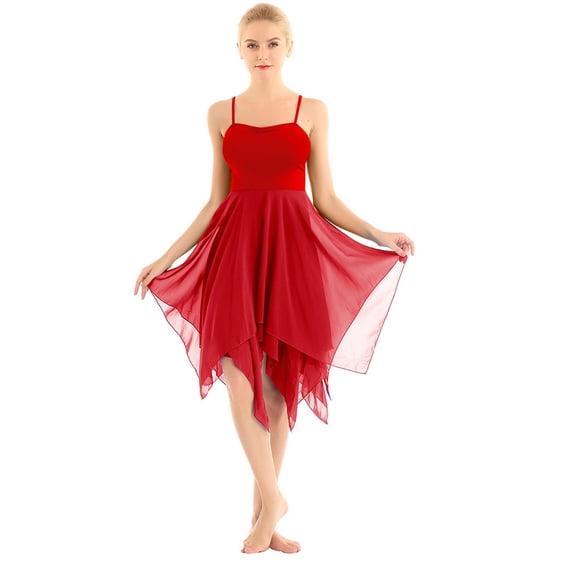 Alvivi Womens Asymmetric Chiffon Modern Contemporary Dance Dress Sleeveless Ballet Dancewear Costume Red L