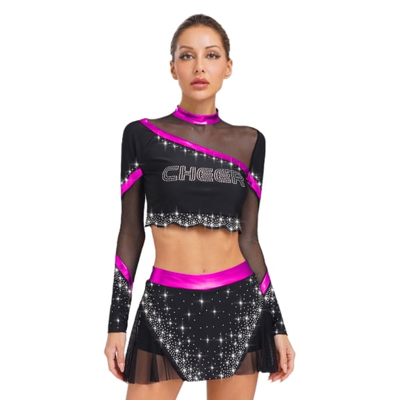 Alvivi Womens Cheer Leader Outfits Cheerleading Uniform Long Sleeve Crop Top and Mini Skirt for Halloween Carnival Hot Pink XXL