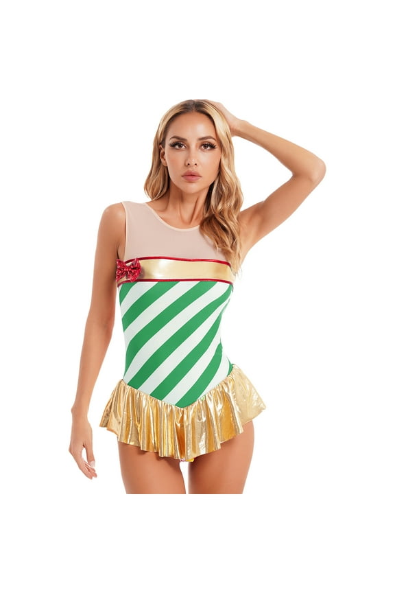 Womens Christmas Ballet Dance Dress Figure Ice Skating Dancewear Sleeveless Leotard Green 3XL