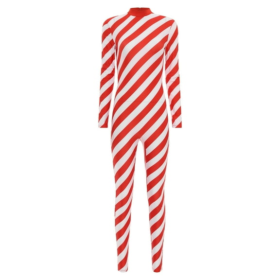 Alvivi Womens Christmas Candy Cane Striped Long Sleeve Dance Unitard Jumpsuit Red L