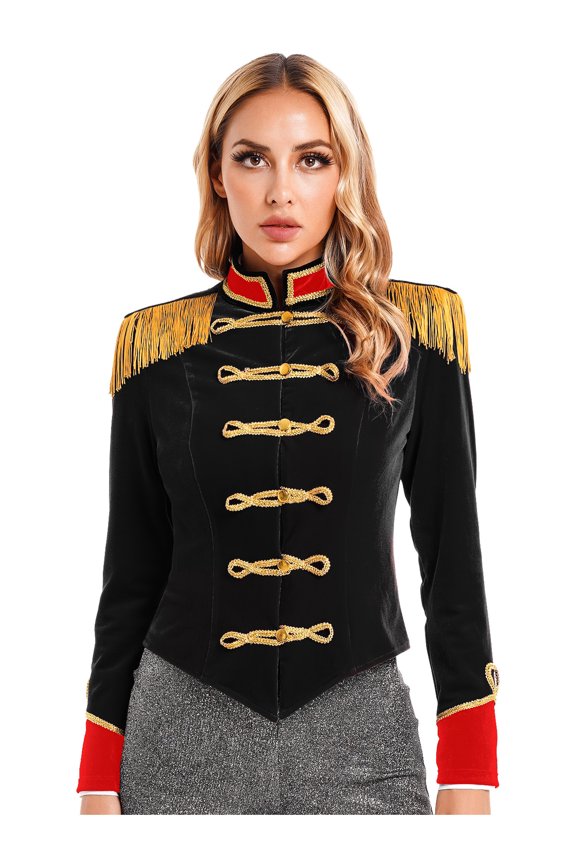 Womens Circus Ringmaster Long Sleeve Stand Collar Fringed Shoulder Board Velvet Jacket Coat Black S