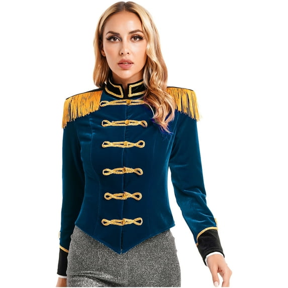 Alvivi Womens Circus Ringmaster Long Sleeve Stand Collar Fringed Shoulder Board Velvet Jacket Coat Dark Blue L