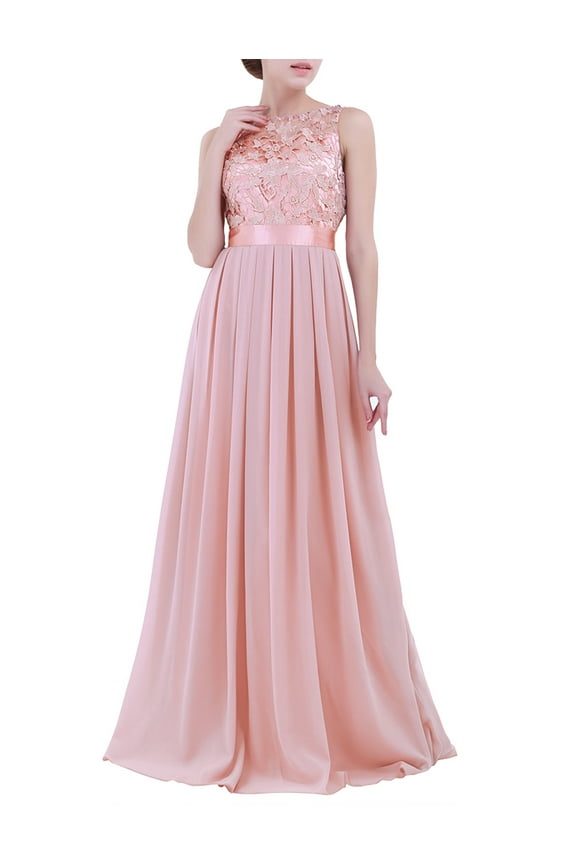 Womens Embroidered Chiffon Mesh Splice Wedding Bridesmaid Prom Dress Long Maxi Evening Gown Pearl Pink 4