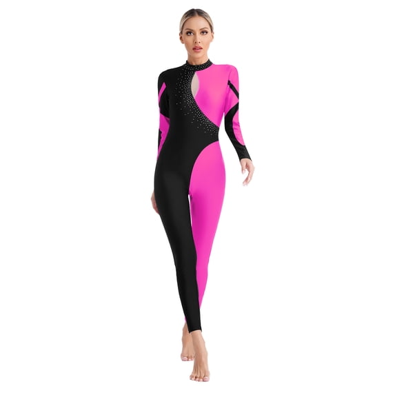Alvivi Womens Gymnastics Unitard Long Sleeve Bodycon Jumpsuit Rompers Figure Skating Bodysuit Hot Pink S