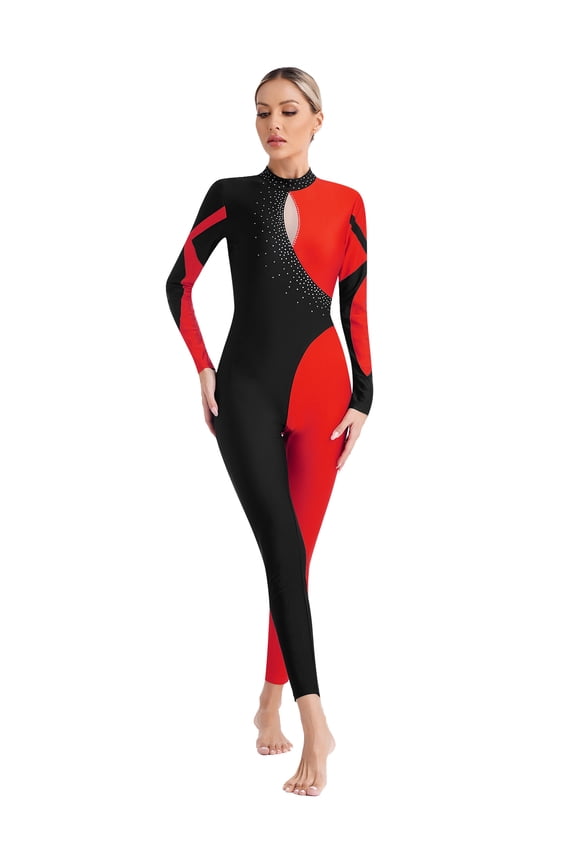 Womens Gymnastics Unitard Long Sleeve Bodycon Jumpsuit Rompers Figure Skating Bodysuit Red XL