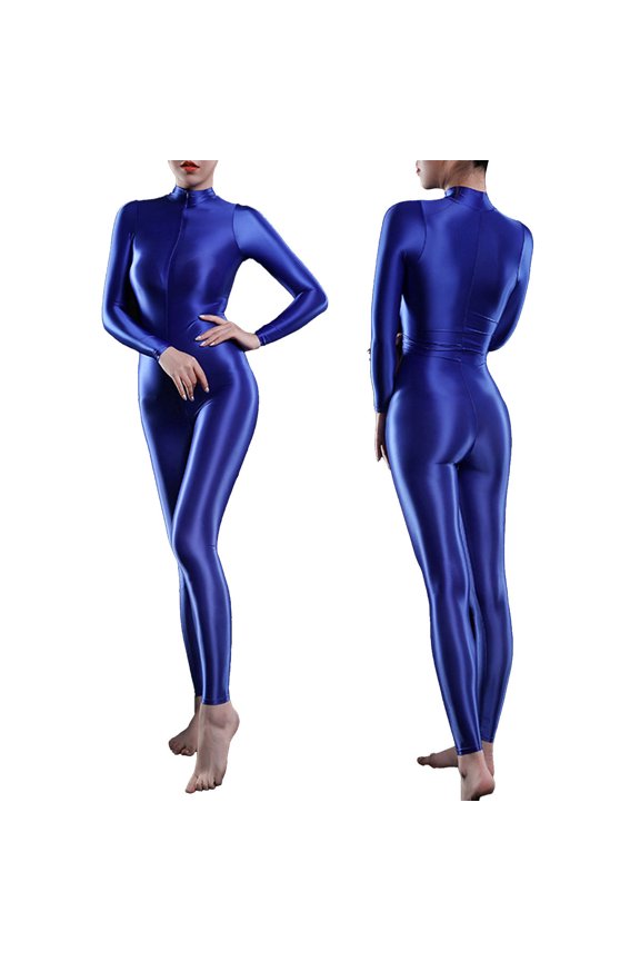 Womens High Neck Long Sleeves Ankle Length Leotard Zipper Jumpsuit