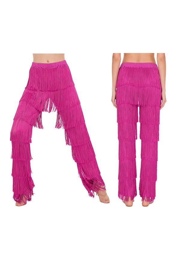Womens Latin Dance Trousers Elastic Waistband Pants Tassels Fringe Ballroom Tango Salsa Cha Cha Dance Pants Hot Pink L