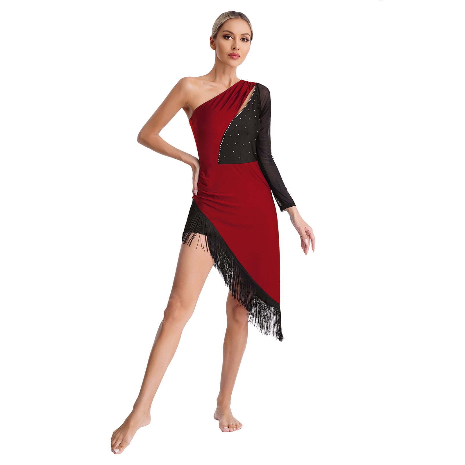 chinese dress ladies Women Latin Dance Slip Dress Tassel Dancewear Sequin Party Tango Salsa –  DANCEYM main image 0