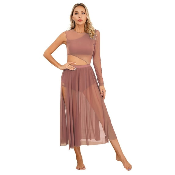 Alvivi Womens Lyrical Dance Costume Side Split Sheer Mesh Leotard Dress Modern Dancewear Dusty Pink M