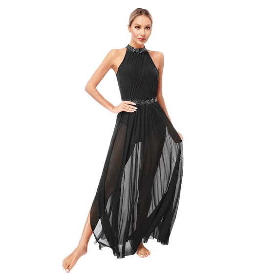 Alvivi Womens Lyrical Dance Rhinestones Side Split Tulle Maxi Dress Modern Dance Costume Black M