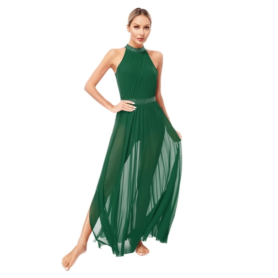 Alvivi Womens Lyrical Dance Rhinestones Side Split Tulle Maxi Dress Modern Dance Costume Green L