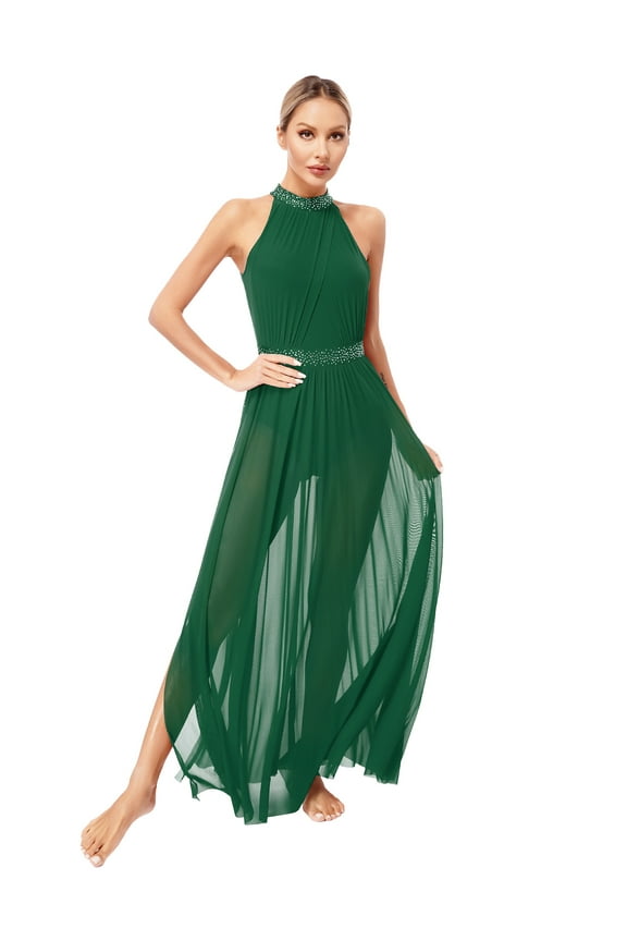 Womens Lyrical Dance Rhinestones Side Split Tulle Maxi Dress Modern Dance Costume Green M