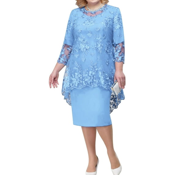 Alvivi Womens Mother of The Bride Formal Dress Floral Lace Bridesmaid Party Cocktail Midi Dress Light Blue 5XL