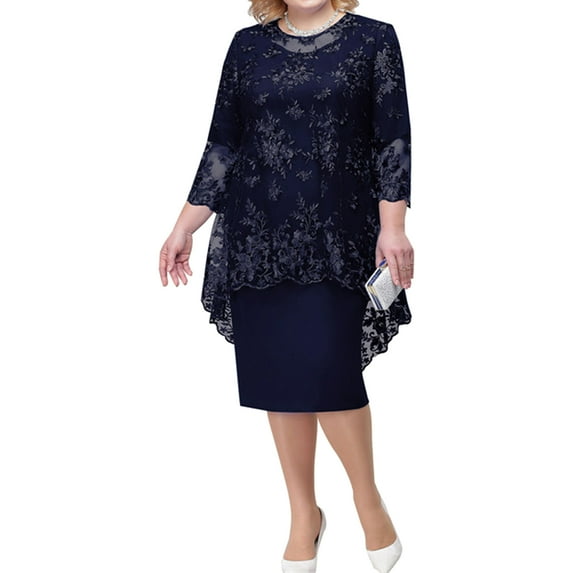 Alvivi Womens Mother of The Bride Formal Dress Floral Lace Bridesmaid Party Cocktail Midi Dress Navy Blue 4XL
