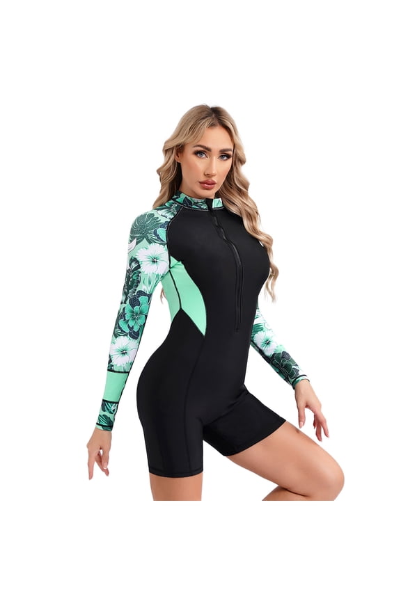 Womens One Piece Long Sleeves Beach Surfing Swimsuit Sun Protection Bathing Diving suit Green L