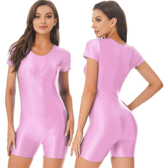 Alvivi Womens One Piece Silky Glossy Bodysuit Surfing Swimsuit Boyshorts Short Sleeve Bathing Suit Pink XL