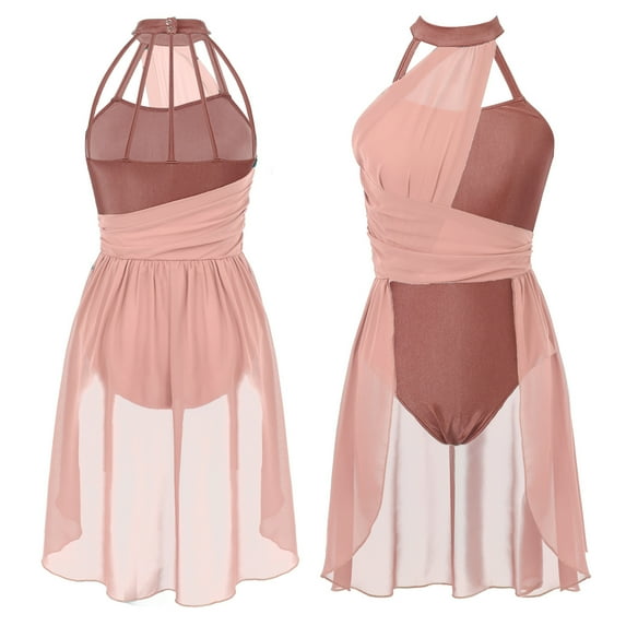 Alvivi Womens Ruched Chiffon Patchwork Leotard Dress Lyrical Dance Costume S-XL