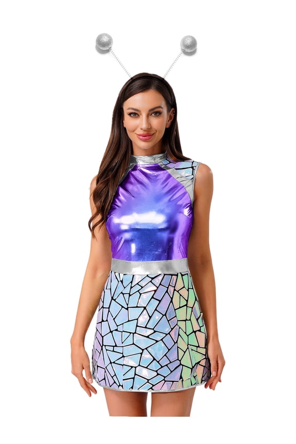 Womens Shiny Astronaut Costume A-line Dance Dress Accessories Space Flight Suit Cosplay Party Halloween Blue S