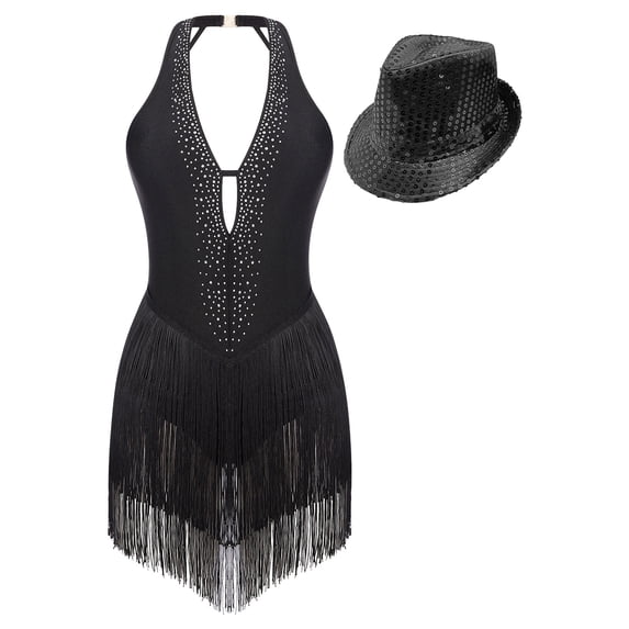 Alvivi Womens Shiny Rhinestone Tassel Leotard Deep V Neck Backless Fringed Bodysuit with Sequin Hat Black M