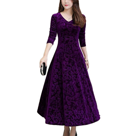 Alvivi Womens Velvet Dress Long Sleeve Cocktail Party Dresses Wedding Guest Evening Ball Gown Purple 4XL