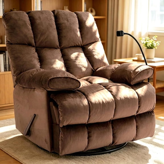 Alwalue Manual Oversized Recliner Chair Velvet Reclining Chairs Soft Overstuffed Arms and Back for Home Theater Living Room Bedroom - Brown
