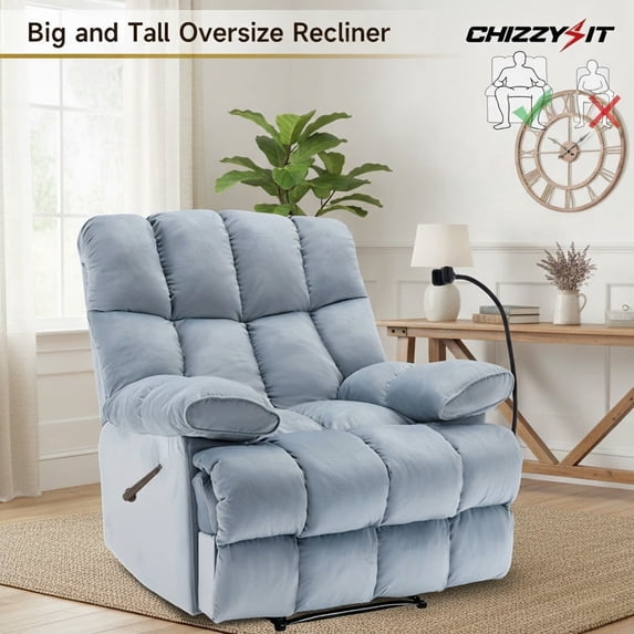 Alwalue Manual Oversized Recliner Chair Velvet Reclining Chairs Soft Overstuffed Arms and Back for Home Theater Living Room Bedroom - Light Blue