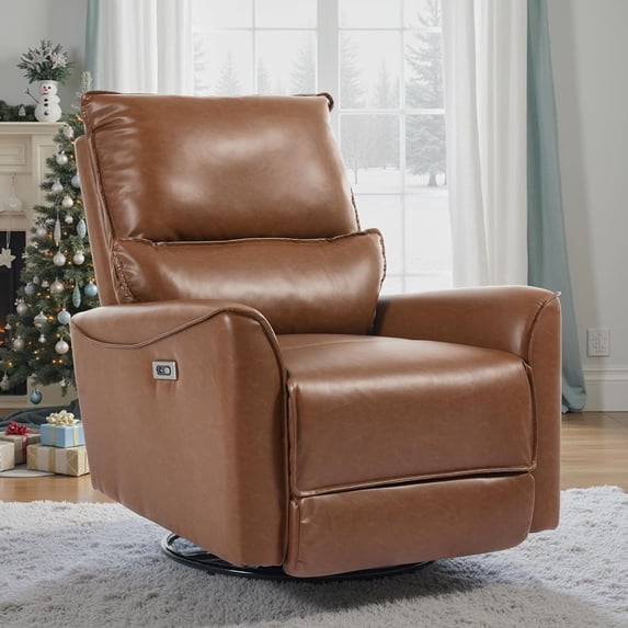 Brown Leather Swivel Rocker Recliner Chair for Adults, Glider Rocking Chair for Nursery, Small Recliner Chair for Small Spaces, RV, Living Room