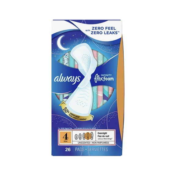 Always Always Infinity FlexFoam Pads for Women Size 4 Overnight Absorbency, Up to 12 hours Zero Leaks, Zero Feel Protection, with Wings Unscented, 26 Count