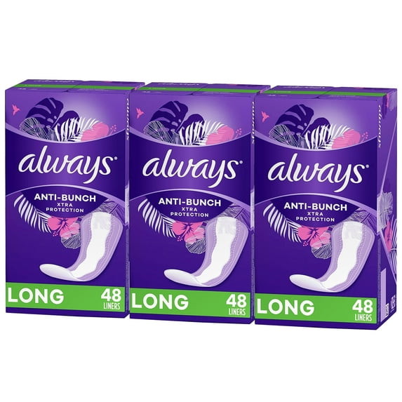 Always Anti-Bunch Xtra Protection Daily Liners Long Length, 48 Ct (3 PACK)