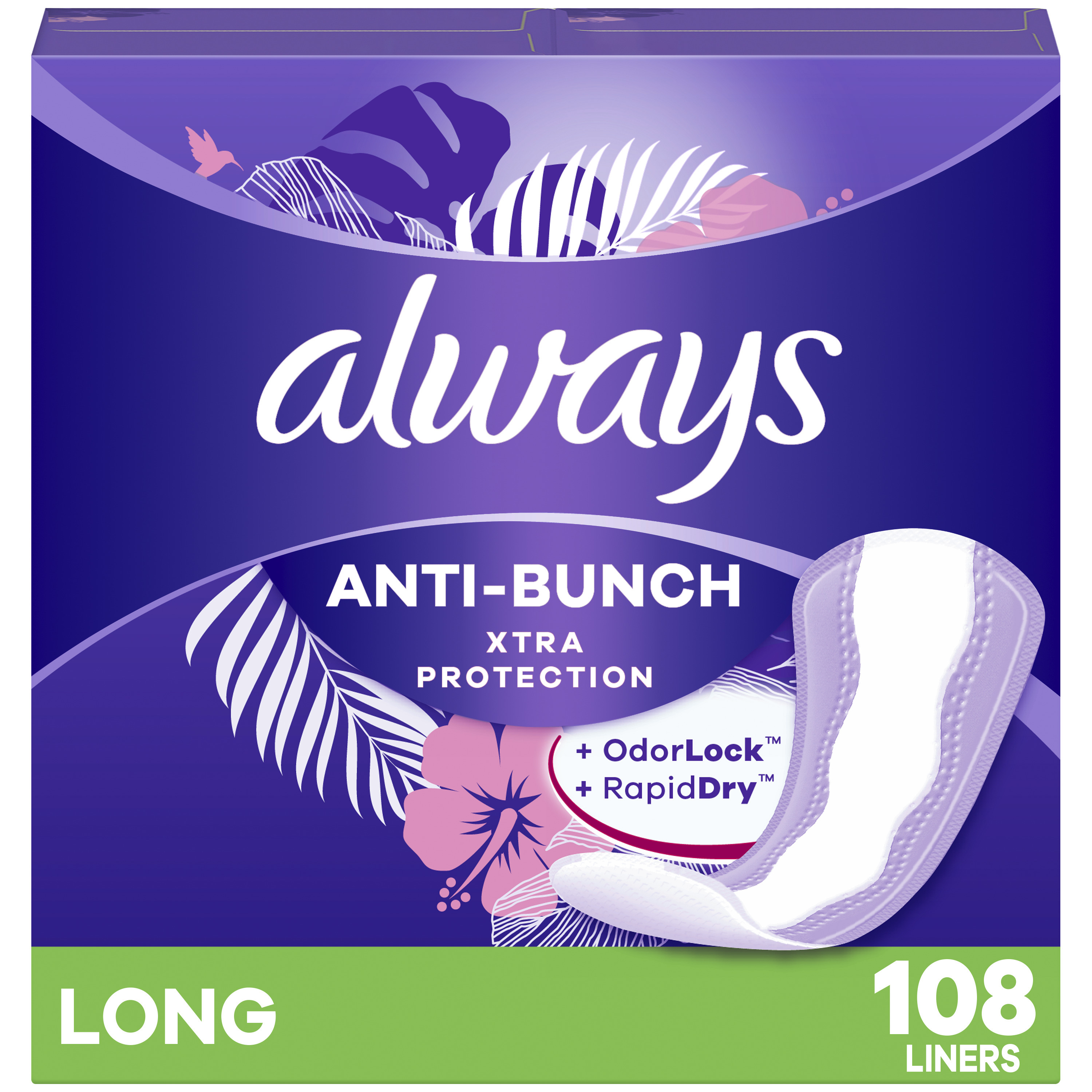 Always Anti-Bunch Xtra Protection Daily Liners, Long, Unscented, 108 CT - image 1 of 8