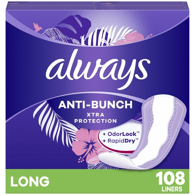 Always Anti-Bunch Xtra Protection Daily Liners, Long, Unscented, 108 CT
