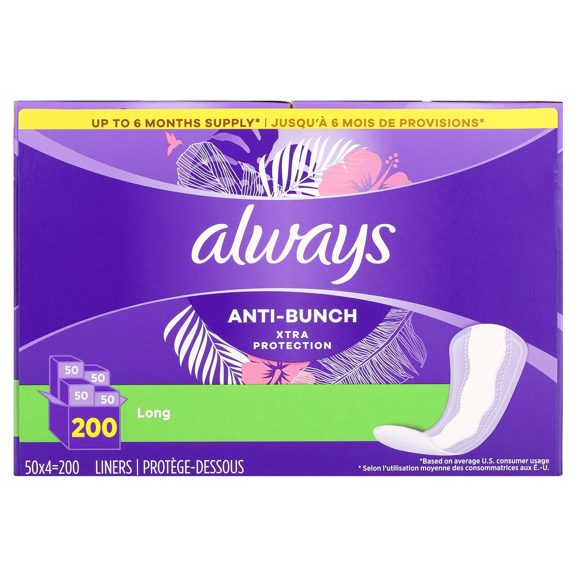 https://i5.walmartimages.com/seo/Always-Anti-Bunch-Xtra-Protection-Daily-Liners-Long-Unscented-200-Count_7c8bace0-c2aa-463c-ab2e-3bea6d8707ac.41bb4192a1c36f559bc3cc01f1e711e3.jpeg