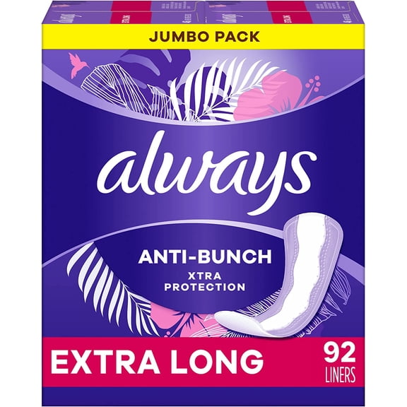 Always Anti-Bunch Xtra Protection, Panty Liners For Women, Extra Long Length, Unsented, 92 Count
