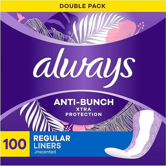 Always Anti-Bunch Xtra Protection, Panty Liners For Women, Light Absorbency, Regular Length, Leakguard + Rapiddry, Unsented, 100 Count - Pack of 2