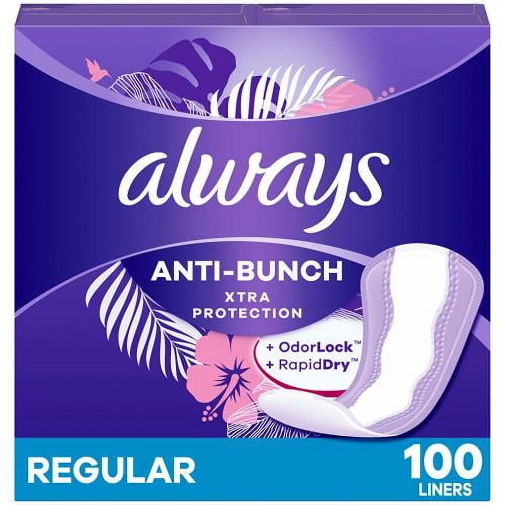 Always Anti-Bunch Xtra Protection, Panty Liners For Women, Light Absorbency, Regular Length, Leakguard + Rapiddry, Unsented, 100 Count