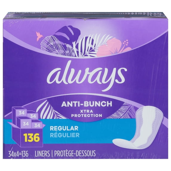 Always Anti-Bunch Xtra Protection, Panty Liners for Women, Regular, Unscented, 136 Count