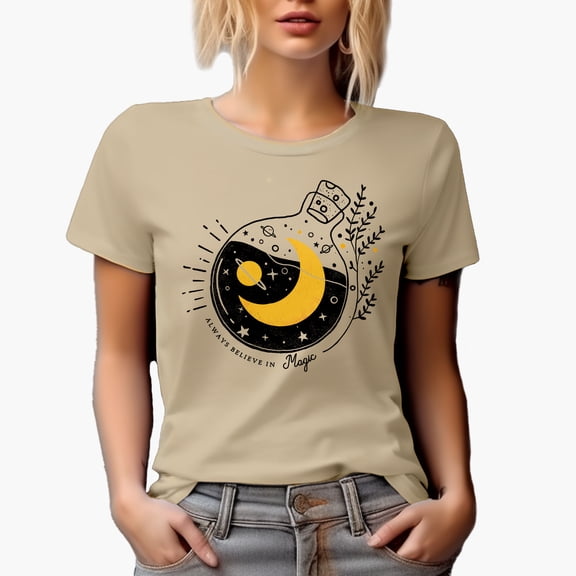 Always Believe in Magic, Boho Mystical & Celestial Art Merch Gift, Tan T-Shirt, Small
