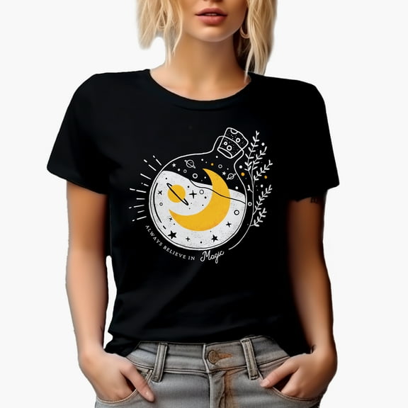 Always Believe in Magic, Boho Mystical & Celestial Inspired Art Merch Gift, Black T-Shirt, Small