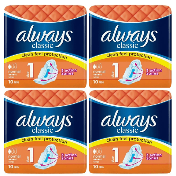 Always Classic Normal Size 1 Regular Absorbency Unscented with Wings, 40 Count,(4 Pack)