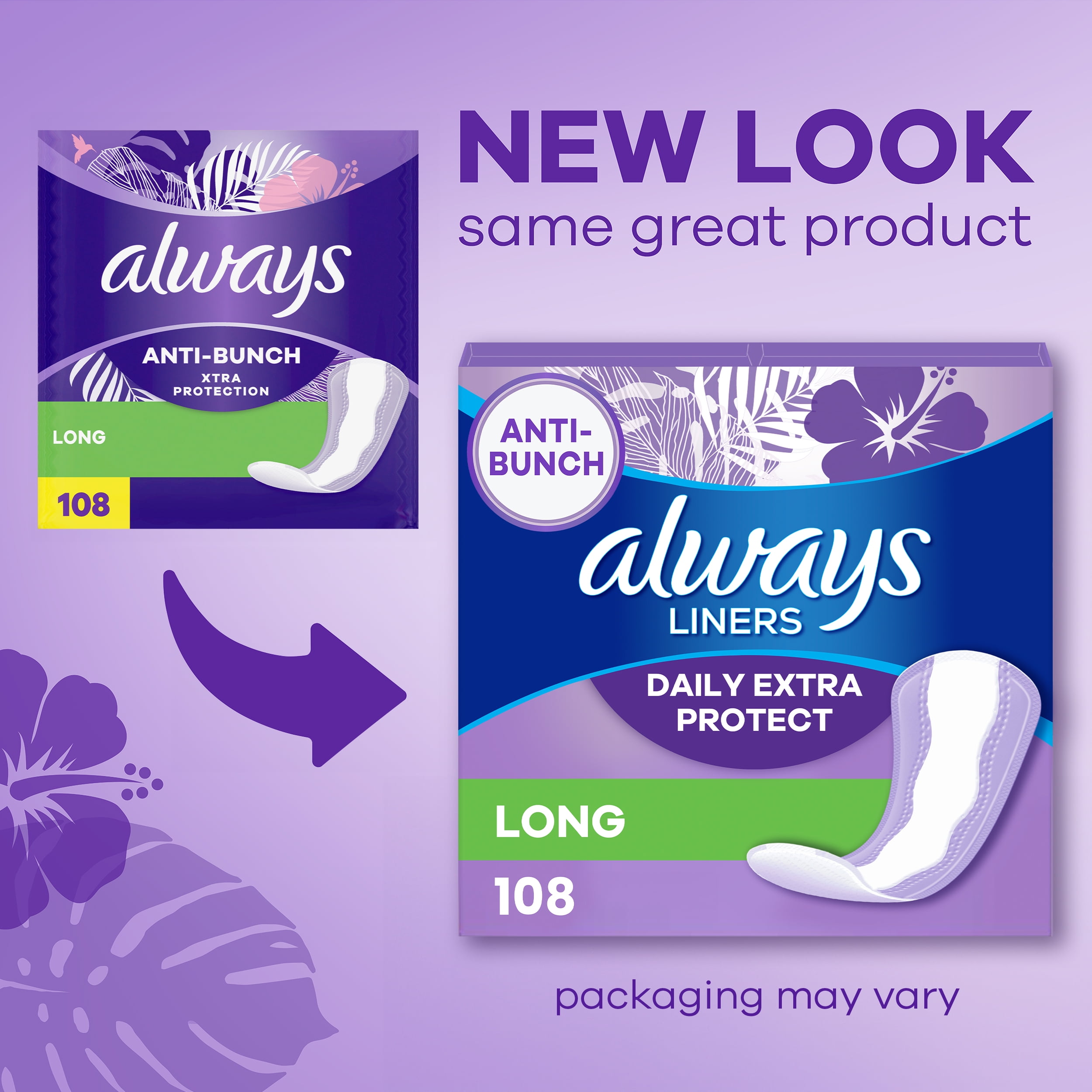 Always Daily Extra Protect Panty Liners, Long Length, Unscented, 108 Count