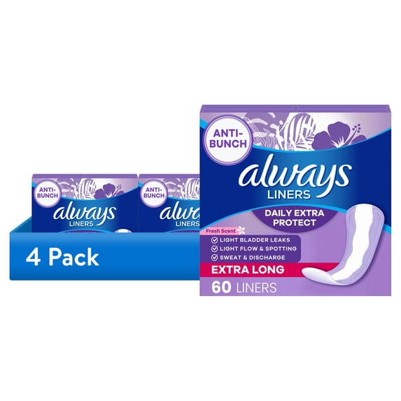 (4 pack) Always Daily Extra Protect Liners, Extra Long Length Length, Scented Panty Liners, 60 Count