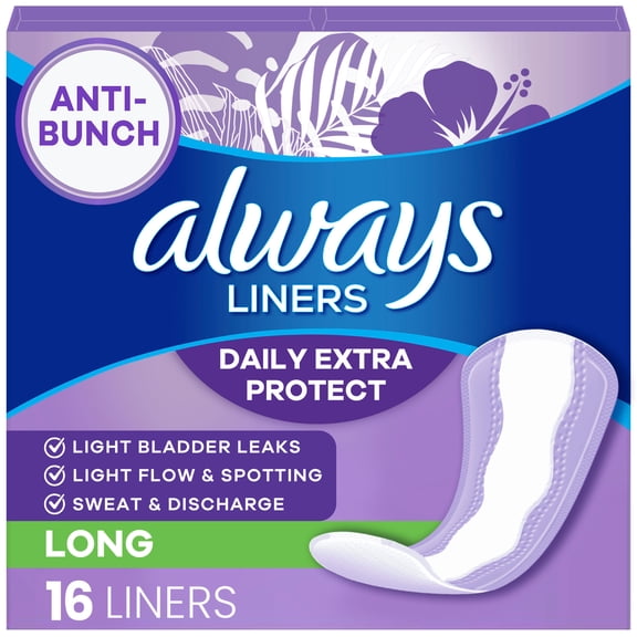 Always Daily Extra Protect Liners, Long Length, Unscented Panty Liners, 16 CT