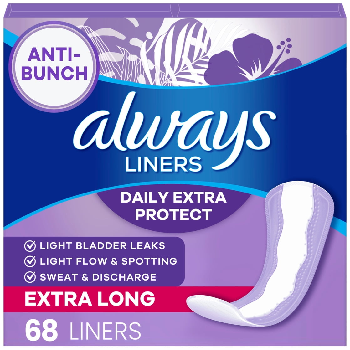 Always Daily Extra Protect Liners, Extra Long Length, Unscented, 68 Count