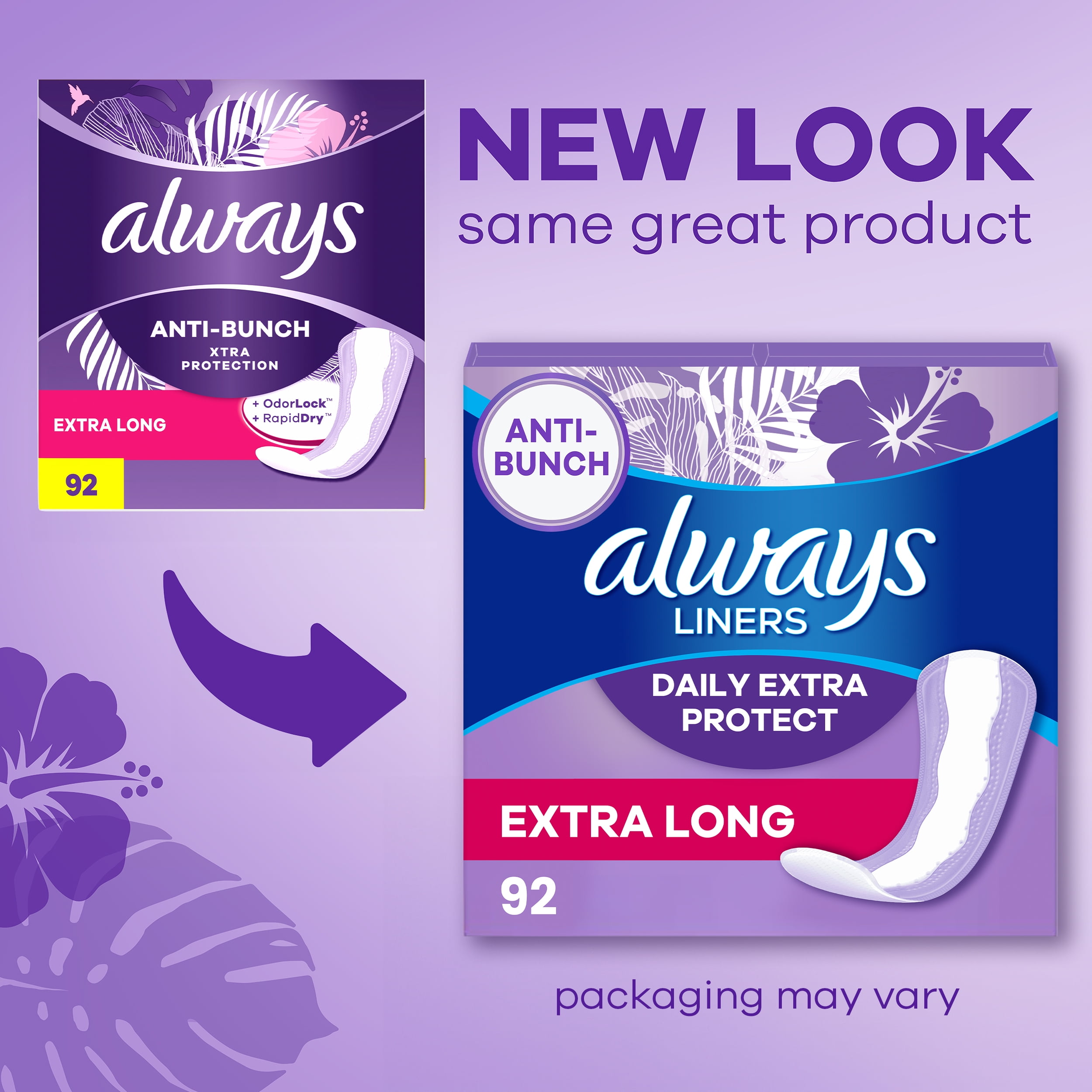 Always Daily Extra Protect Panty Liners, Extra Long Length, Unscented, 92 Count