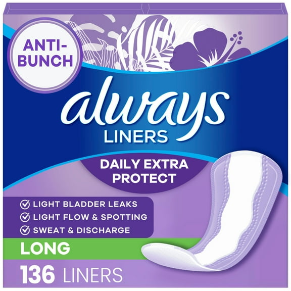 Always Daily Extra Protect Liners, Long Length, Unscented, 136 Count