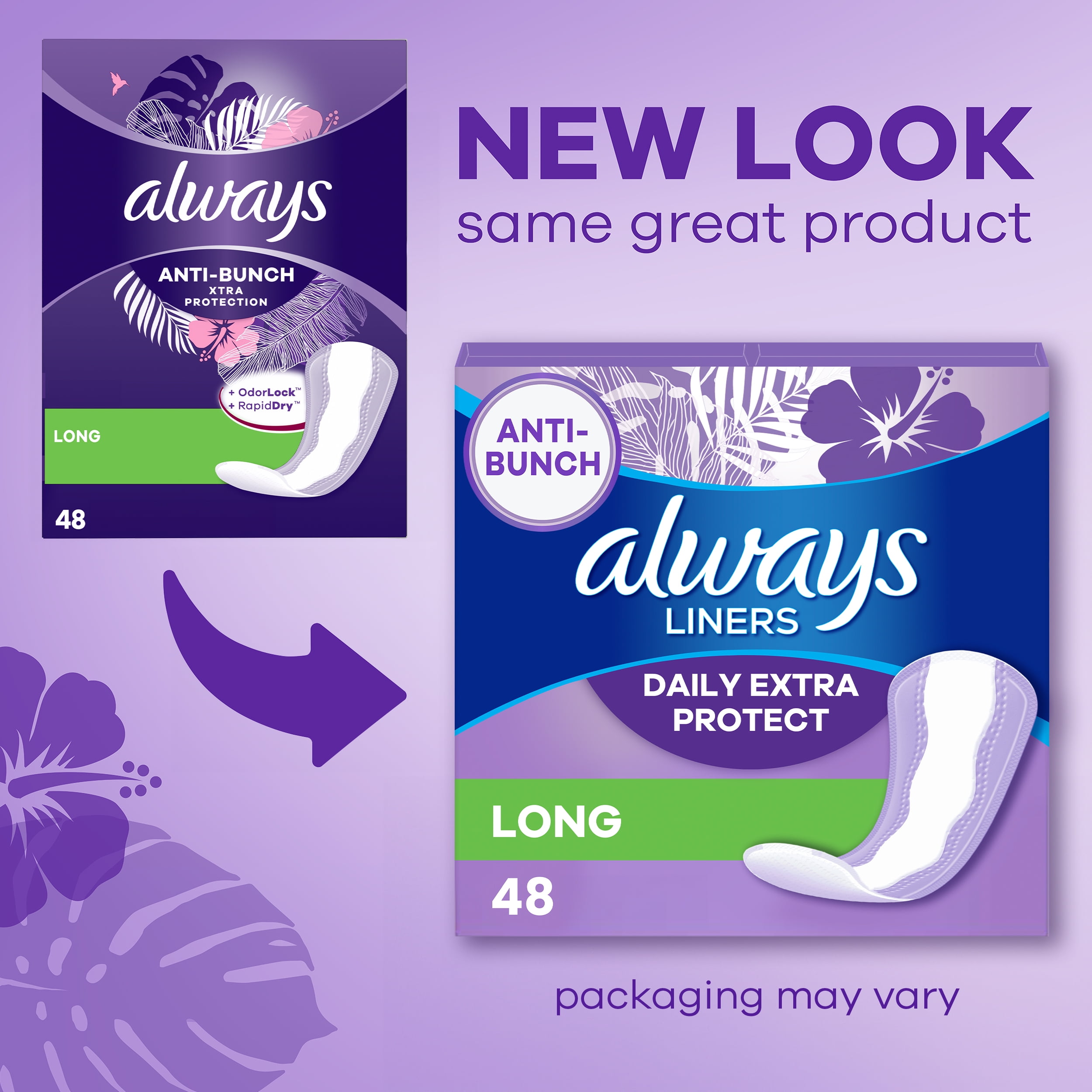 Always Daily Extra Protect Panty Liners, Long Length, Unscented, 48 Count
