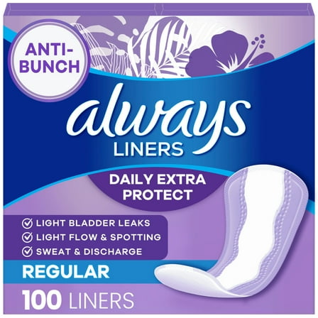 Always Daily Extra Protect Panty Liners, Regular Length, Unscented, 100 Count
