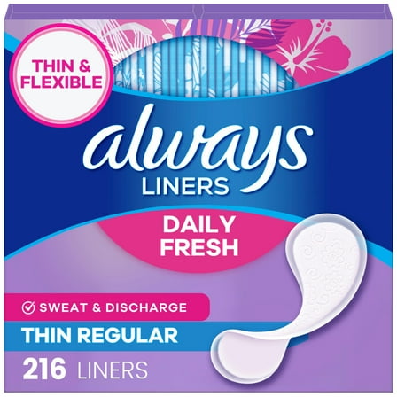 Always Daily Fresh Thin Panty Liners, Regular Absorbency, Unscented, 216 Count