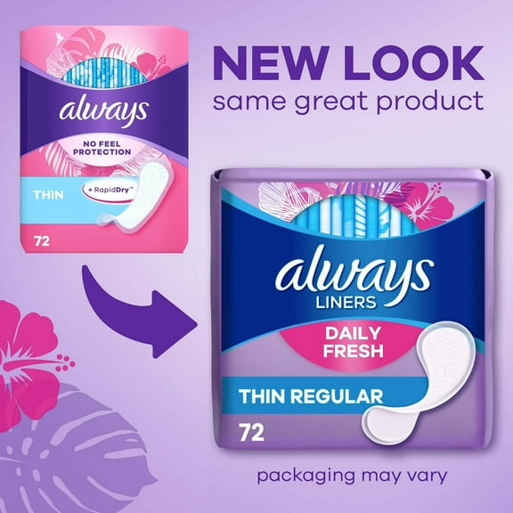 Always Daily Fresh Thin Panty Liners, Regular Absorbency, Unscented, 72 Count (2 Pack)