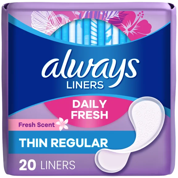 Always Daily Liners Fresh Pantiliners, Thin, Regular, Clean Fresh Scent, 20 Ea